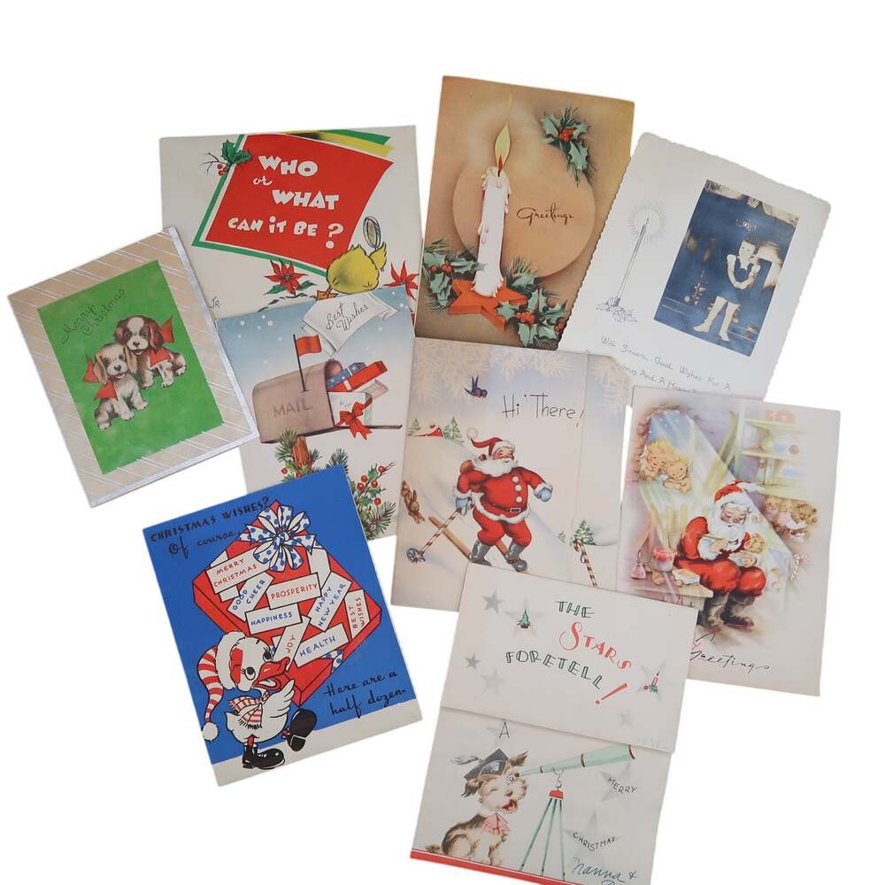 Christmas Cards Set of 9 Vintage Used 1940s Ephemera Boy Son Nephew Midcentury